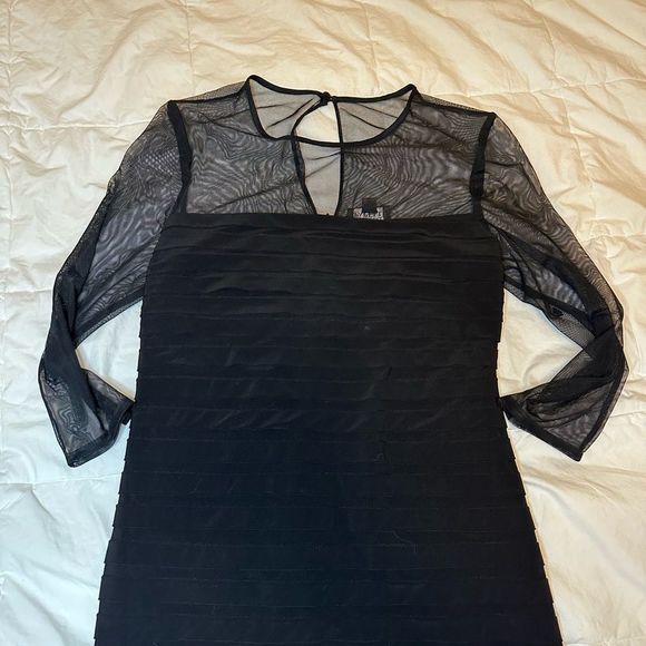 Adrianna Papell women's dress mini ruffles pleated 3/4 sleeve black mesh top - Picture 4 of 15